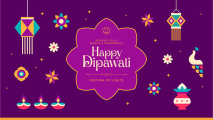 Elegant Diwali Greeting Background - Purple and Gold Festival Design with Hanging Lanterns and Diyas