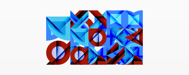 Abstract geometric composition. Red, blue shapes overlap creating complex visual texture. Modern design, clean lines, vibrant colors.