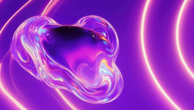 A fluid, iridescent form floats amidst glowing, concentric neon circles on a purple backdrop
