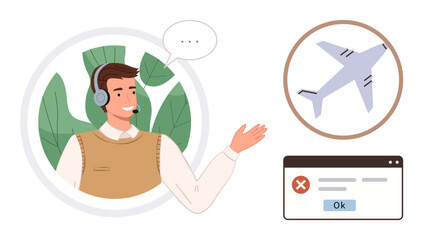 Customer support agent engaged in conversation about canceled flight. Plane icon and error notice shown. Ideal for travel services, customer support, problem-solving, logistics, aviation
