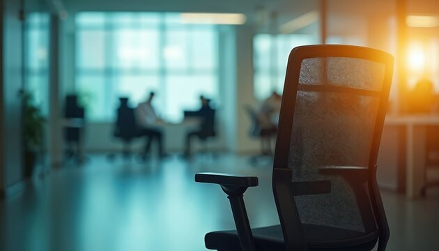 Empty modern office chair in a bright workspace with blurred colleagues in background. Sunlight illuminates the room creating a clean and pro atmosphere.