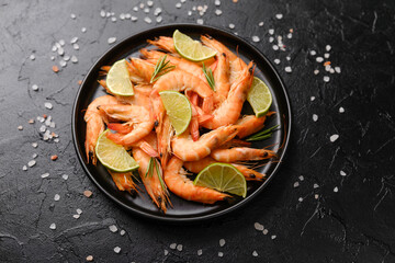 Close-up of cooked shrimp with lime wedges in bowl for gourmet seafood or fine dining concept