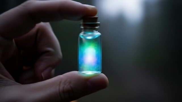 A hand holds a glowing potion bottle in a dark forest
