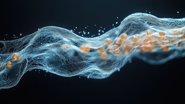 Abstract fluid wave of translucent filaments with glowing orange particles symbolizing molecular dynamics energy transfer and scientific visualization