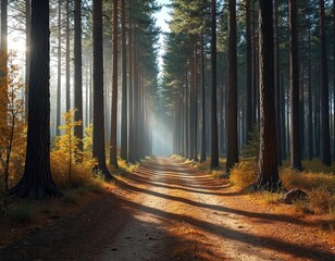 Fototapeta premium Pine forest in early autumn. Dirt road through tall trees with sun rays shining through. Forest floor with orange leaves, tall tree trunks. Natural scenery with nobody, peaceful, wild environment.