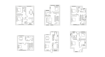 Set of four house floor plans in simple black outline vector illustration, white background