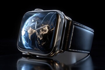 Smartwatch Displaying Earth Globe and Global Connectivity, Modern Technology, Futuristic Design, Isolated on Black Background