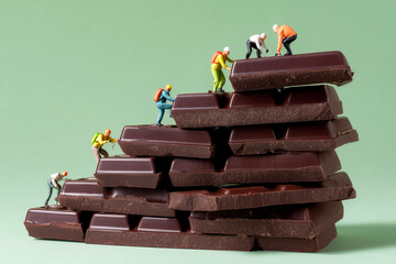 A whimsical stack of chocolate bars with tiny chef figurines mounting the blocks, in a playful culinary scene.