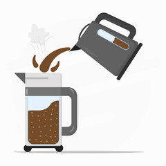 Vector illustration of coffee brewing process with hot water poured from kettle into French press Symbolizing morning beverage drink and coffee preparation.