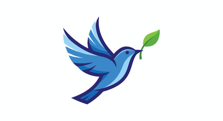 A stylized blue bird carrying a green leaf in its beak.