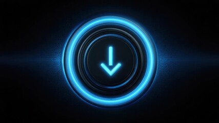 A glowing blue download arrow icon within a dark circle, with an outer neon-like glow on a dark background - Powered by Adobe