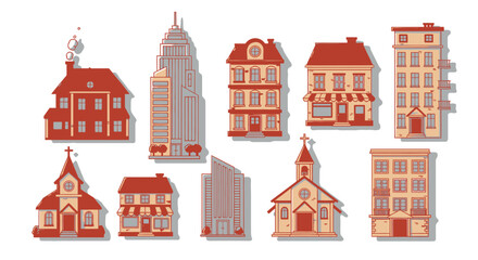 Fototapeta premium Collection of various vector buildings in a cartoon style isolated on a white background, white background