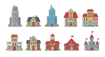 Fototapeta premium Collection of various vector buildings in a cartoon style isolated on a white background, white background