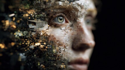 Abstract Portrait of a Woman with Digital Fragmentation Effect Representing Technology and Future