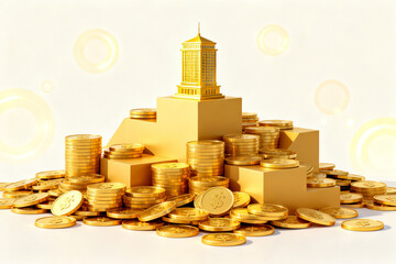 Gold coins and building on pedestal