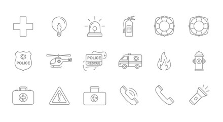 Emergency Icons vector illustration set in line style, editable stroke, on a white background, white background