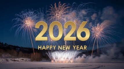 Enchanting winter wonderland 2026 new year scene with golden text and icy blue, silver, and gold fireworks