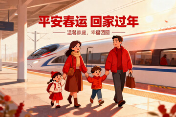 Family at train station with high speed train