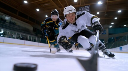 Two hockey players are racing on the ice