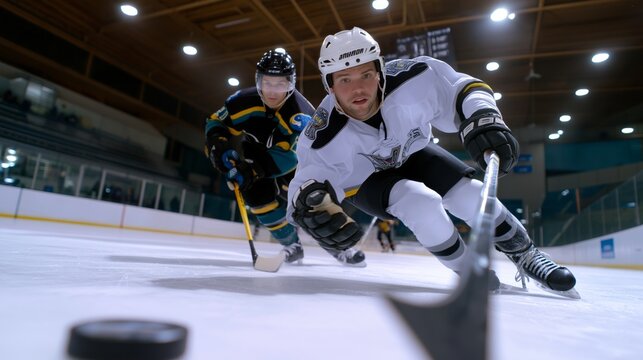 Two hockey players are racing on the ice