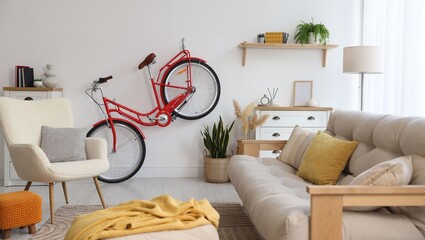 Red bicycle, furniture and houseplants in room