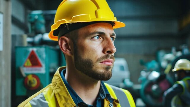Danger Risk, industrial worker standing near dangerous machinery marked with red danger label, serious workplace atmosphere.