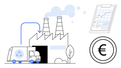 Recycling truck near factory, clipboard with rising graph, euro sign, smoke, and tree. Ideal for sustainability, recycling, environment economy growth industry business. Simple flat metaphor