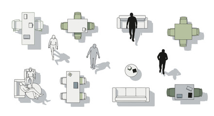 Architectural vector illustration of people and furniture elements from a top-down perspective, white background