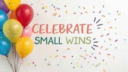 Colorful balloons and confetti with vibrant text design emphasizing the importance of celebrating small wins in life