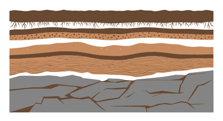 Vector illustration showing layers of soil, sediment and rock formation, white background