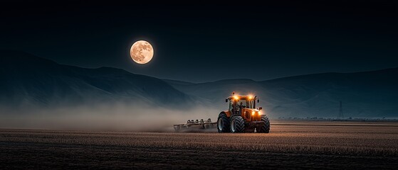 Fototapeta premium Nighttime Tractor Work in a Field Under a Full Moon