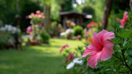 Lush Garden with Hibiscus Blossom: Captivating Floral Display and Serene Backyard Scene