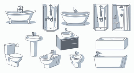 Vector illustration of various bathroom fixtures including bathtubs, showers, sinks, and toilets, white background
