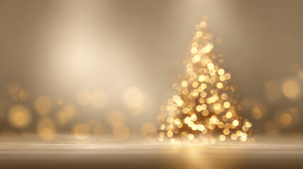 Defocused christmas tree with golden bokeh light with empty space for abstract festive background.