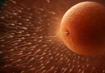 Sperm on its way to the female egg. Male reproductive sperm entering the egg. Sperm pass through the cervical canal and uterine cavity into the fallopian tube.
