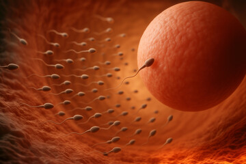 Sperm on its way to the female egg. Male reproductive sperm entering the egg. Sperm pass through the cervical canal and uterine cavity into the fallopian tube.