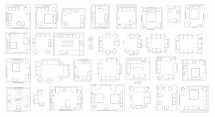 Vector illustration showcasing an overhead view of furniture floor plan symbols, ready for architectural design, white background