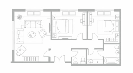 Vector illustration of a floor plan with top view furniture and bathroom fixtures, white background