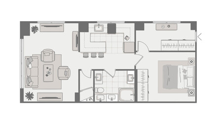 Vector illustration of a floor plan with top view furniture and bathroom fixtures, white background