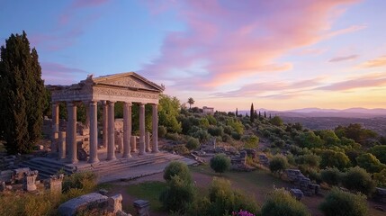 Obraz premium Ancient Ruins at Sunset with Dramatic Skies Overlooking a Scenic Landscape in Greece
