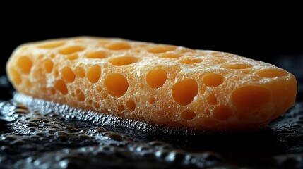 Close up of yellow orange sponge like object with porous texture and glossy surface showing natural formation and intricate detail