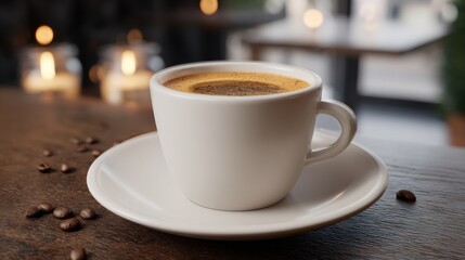 Close-up of a Cup of Coffee on a Wooden Table with Soft Lighting in Background