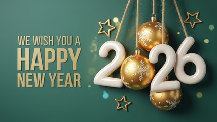 Forest green new year card with snowflake baubles, soft white 2026 and whimsical gold stars