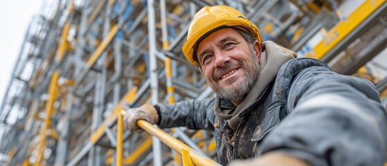 An elderly construction worker with a smile climbing stairs on metal construction