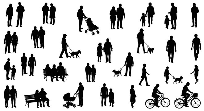 Top view of architectural people vector silhouettes for landscape and architectural designs, white background