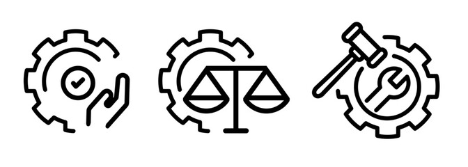 Icon ethical principles in manufacturing and industry gears with scale of justice and gavel with wrench representing concepts of responsible production fairness and legal regulation in industrial