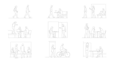 Architectural drawing outlines of people in different activities, line art vector illustration, white background