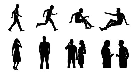 Vector illustration set of stylized people silhouettes in various poses, white background