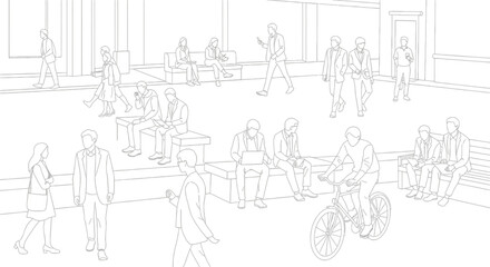 Architectural vector illustration of various people engaged in different activities, outlined in a minimalist style, white background
