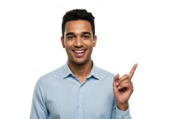 Man in blue shirt smiling and pointing upwards with index finger transparent background